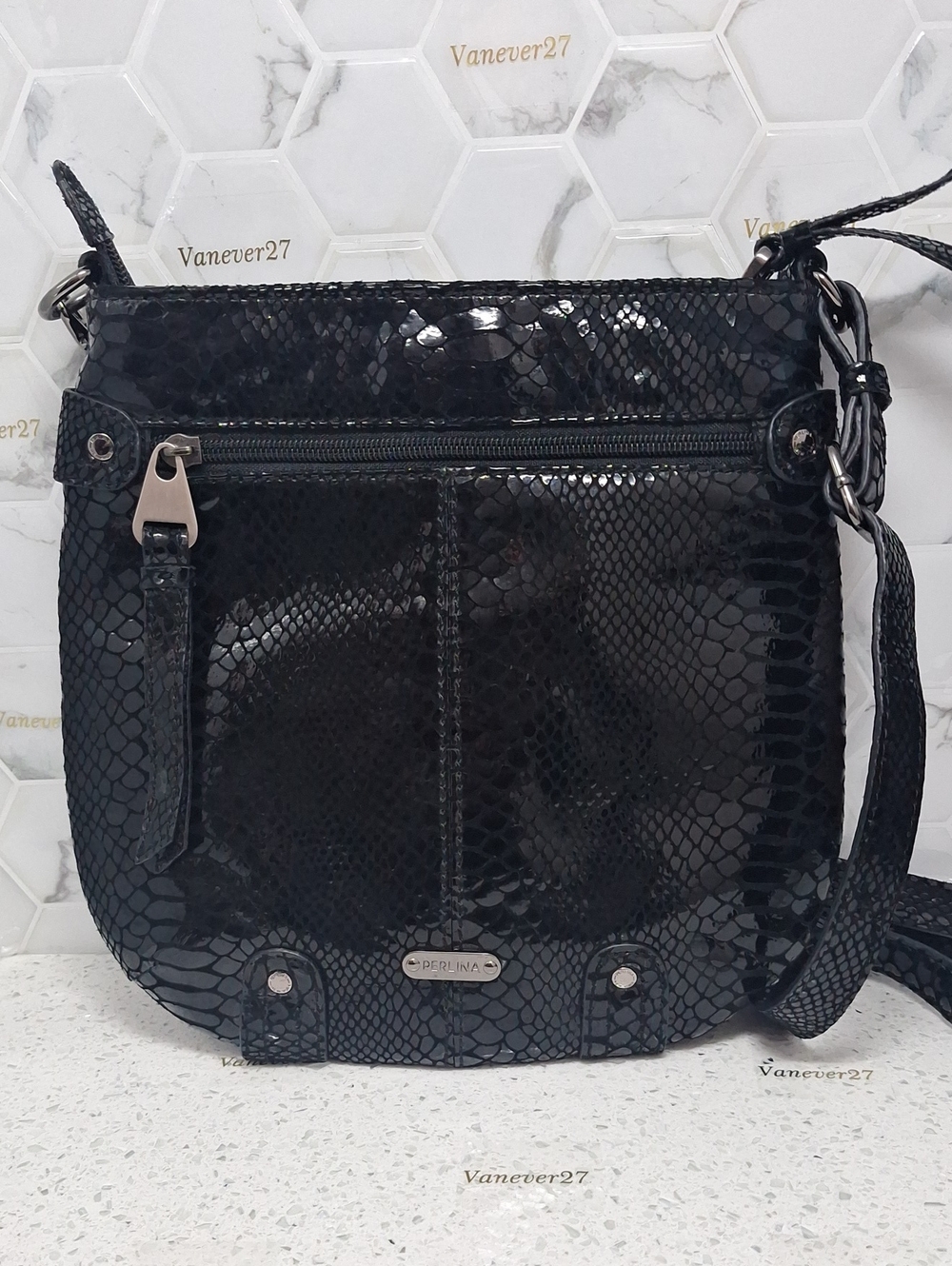 Perlina Black Snake-Print Crossbody Bag